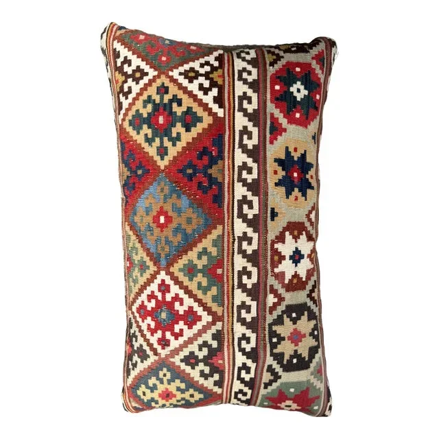 Colorful Accent Pillow Made From 19th Century Handwoven Wool Caucasian Kilim Rug