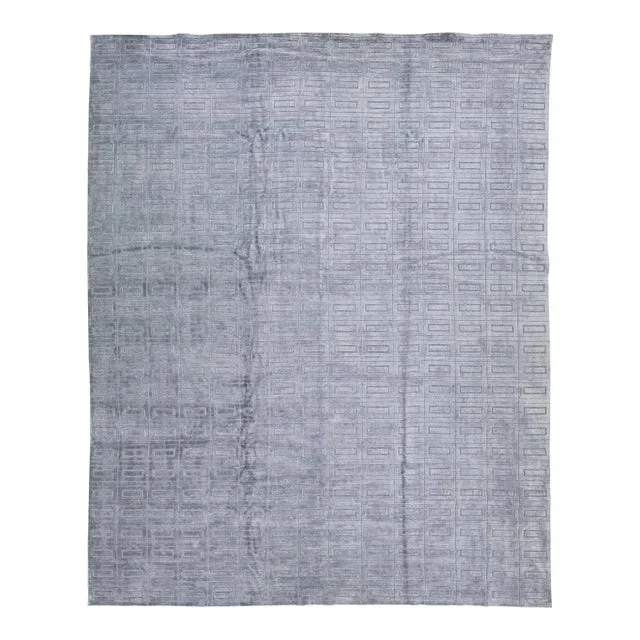Comtemporary Handmade Wool & Silk Rug With Gray Geometric Pattern