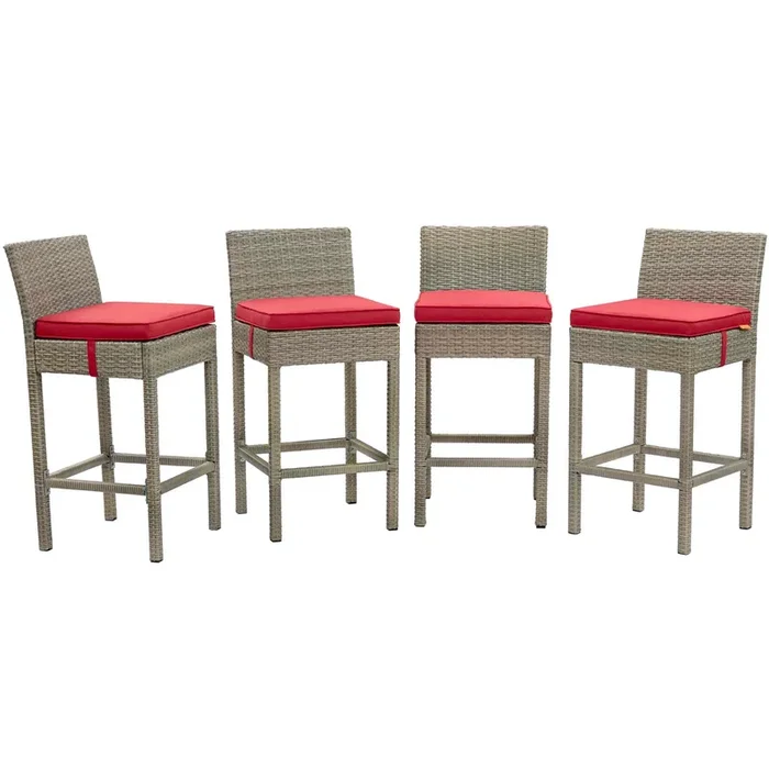 Conduit Bar Stool Outdoor Patio Wicker Rattan Set of 4 in Light Gray Red
