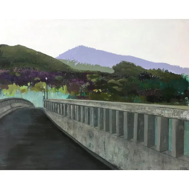 “Connection” Contemporary Impressionist Cityscape of Bridge in Green, Blue, Purple by Mill Valley Artist Mary Anne McKernie