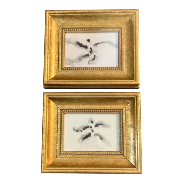 Contemporary 2 Abstract Ink Paintings Chunky Gold Frames-a Pair
