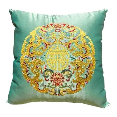 Contemporary Asian Bluish Green-Silk Throw Pillow