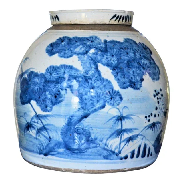 Contemporary Chinoiserie Blue & White Botanical Ginger Jar