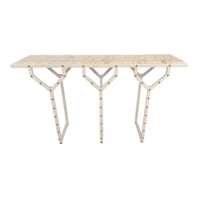 Contemporary Console Table Y White Lacquered Metal Brass and Marble. Italy