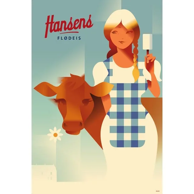 Contemporary Danish Poster, Farm Girl With Cow, Mads Berg