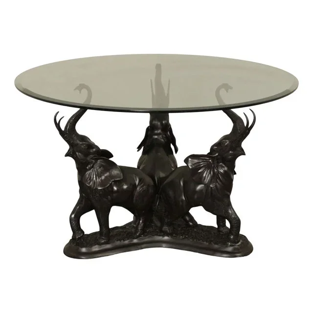 Contemporary Glass Top Bronze Elephants Center Table
