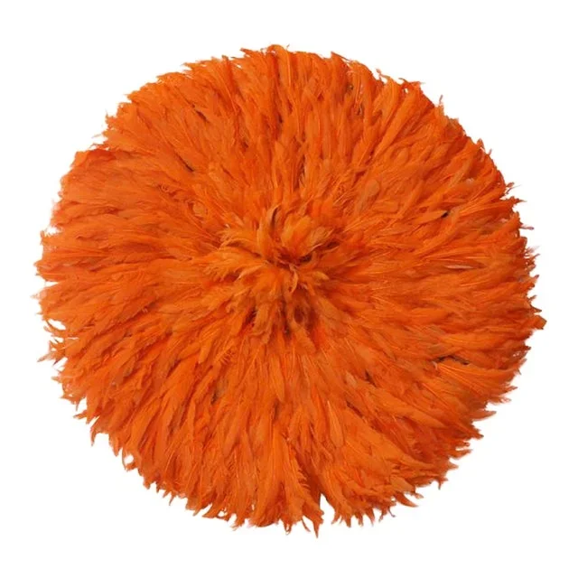Contemporary Handmade Orange Feathers Modern Juju Hat Wall Décor