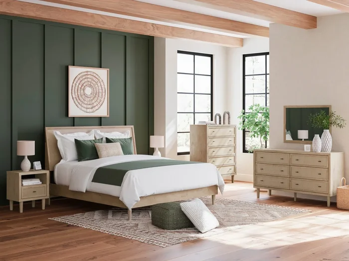 Contemporary King Panel Bed, Dresser, Mirror And Nightstand