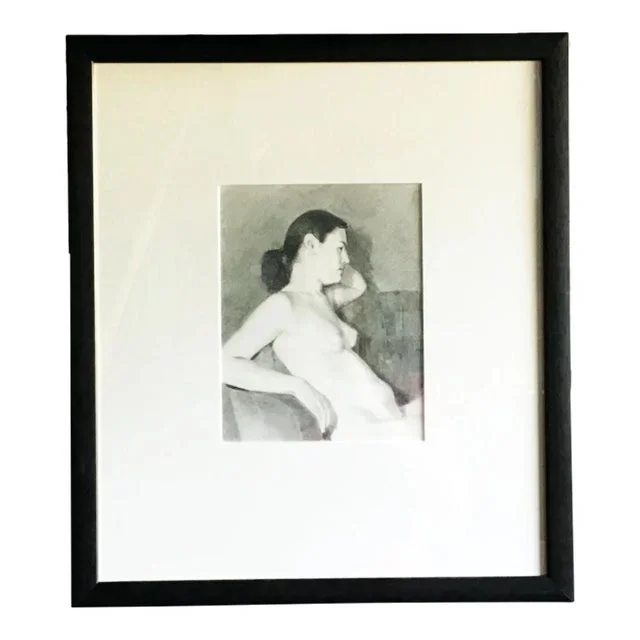 Contemporary Seated Female Nude Graphite Drawing, Framed