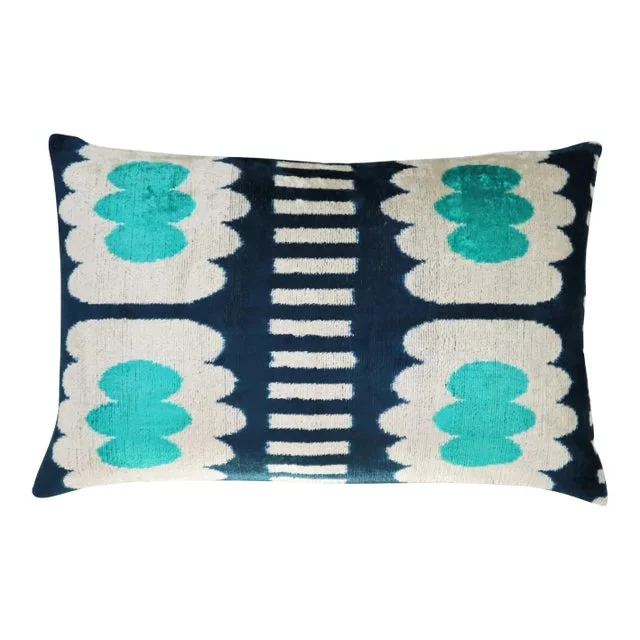 Contemporary Turquoise Navy Blue Velvet Throw Pillow & Down Insert