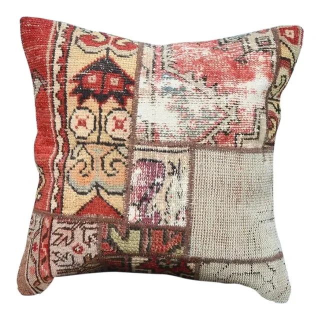 Contemporary Wool Pillow Cover Made from Vintage Patchwork Rug