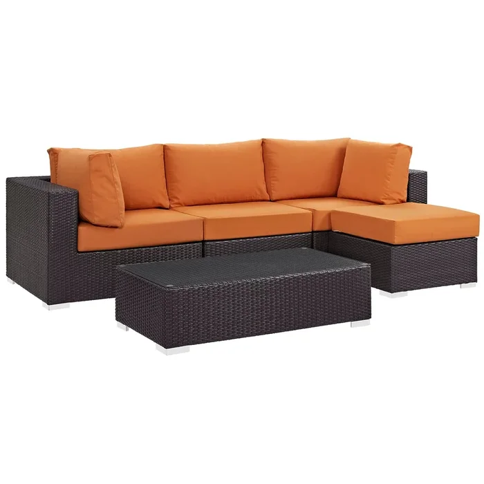 Convene 5 Piece Outdoor Patio Sectional Set in Espresso Orange-4