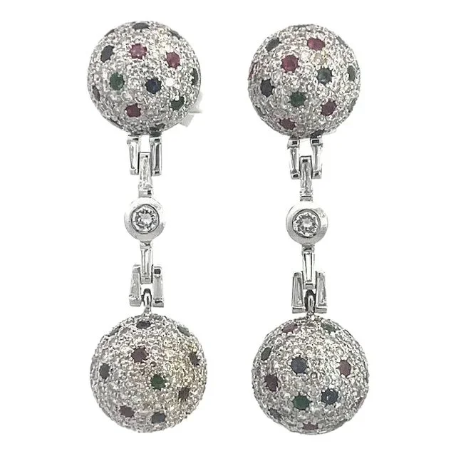 Convertible Diamond Gold Earrings Dangle Ball 18k White Gemstone, 2 pieces