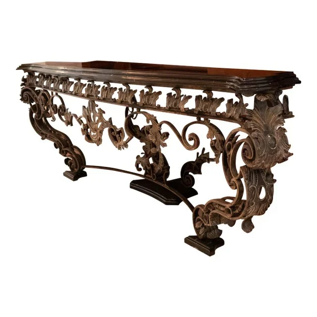 Custom Iron Work & Bronze Marble Top Console Table