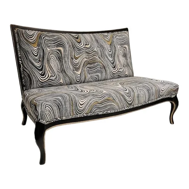 Custom Restored 1950’s French Tufted Bench in Swirled Abstract Pattern Velvet