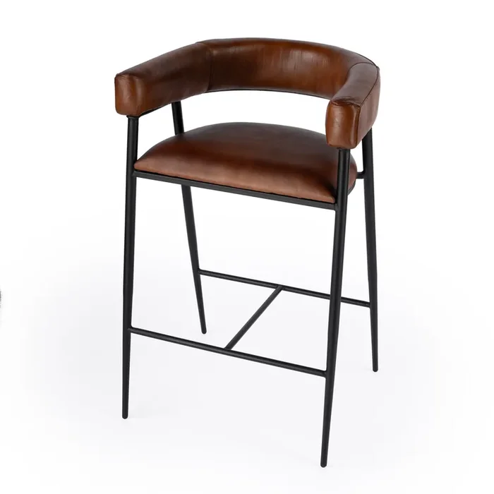 Dallas Brown Leather And Iron Cushioned Bar Stool
