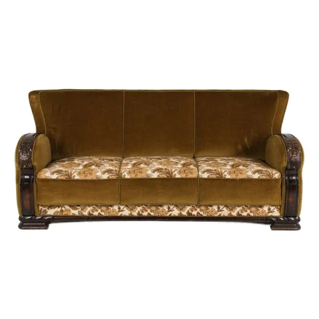 Danish Oak and Mohair Sofa Couch Circa 1940 Art Deco Style