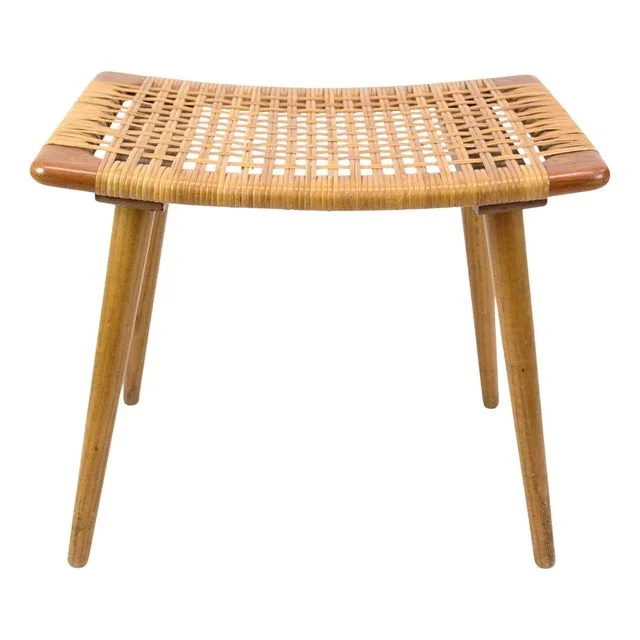 Danish Stool in Teak and Sage Wicker, 1960s