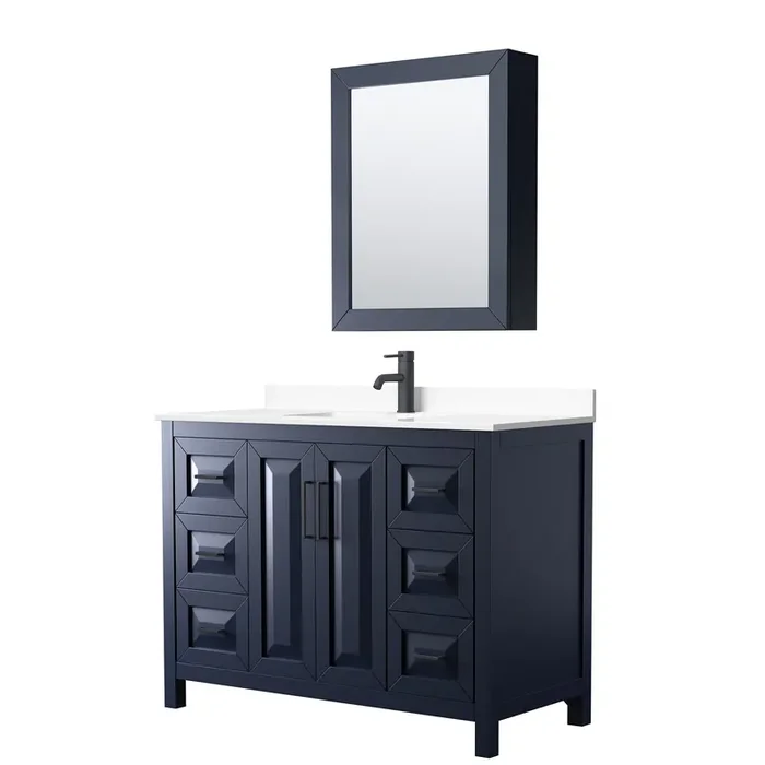 Daria 48 Inch Single Bathroom Vanity In Dark Blue, White Cultured Marble Countertop, Undermount Square Sink, Matte Black Trim, Medicine Cabinet