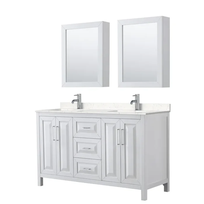 Daria 60 Inch Double Bathroom Vanity In White, Carrara Cultured Marble Countertop, Undermount Square Sinks, Medicine Cabinets