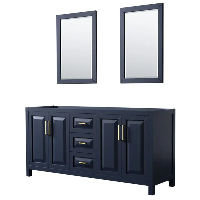 Daria 72 Inch Double Bathroom Vanity In Dark Blue, No Countertop, No Sink, 24 Inch Mirrors