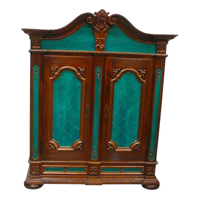 Dark Oak and Turquoise 2-Door Linen Cabinet, 1920s