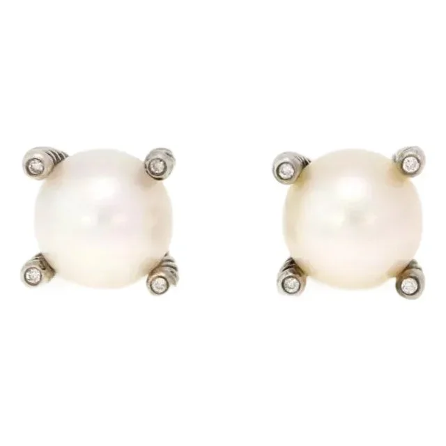 David Yurman Stud Earrings Diamond Pearl Sterling Silver & 14K Cable