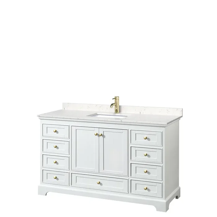 Deborah 60 Inch Single Bathroom Vanity In White, Carrara Cultured Marble Countertop, Undermount Square Sink, Brushed Gold Trim, No Mirror