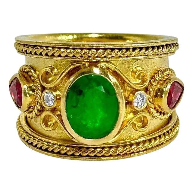 Deftly Crafted 18k Gold Emerald Ruby & Diamond Etruscan Revival Cigar Band Ring, Size 6.5