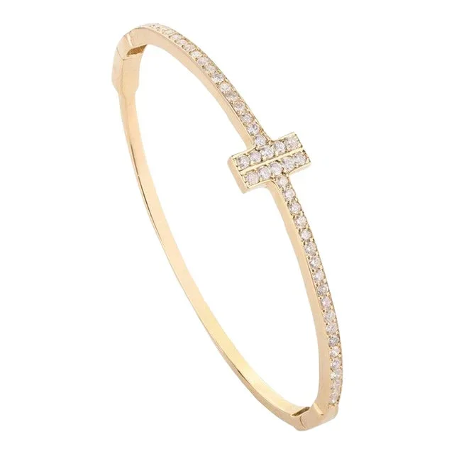 Designer T Diamond Hinged Wired Bangle Bracelet in 14k Solid Yellow Gold