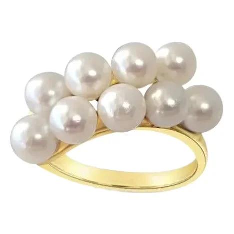 Diagonal Double Row Pearl Cluster Ring 14k Yellow Ring, Size 9