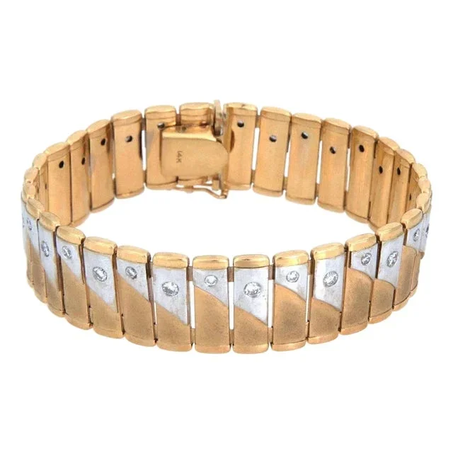Diamond 14k Two Tone Gold Wide Bar Link Bracelet