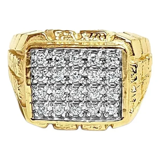 Diamond Cluster Ring with Brick Patterned Band 1.00cttw 14k Yellow Gold, Size 3