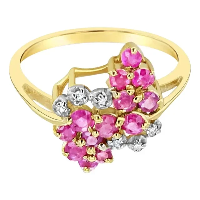 Diamond Ruby Cluster Cocktail Ring 14k Yellow Gold, Size 6