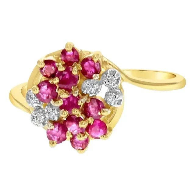Diamond Ruby Cluster Ring 14k Yellow Gold, Size 3
