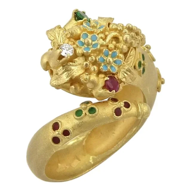 Diamond Ruby Emerald 18k Yellow Gold Enamel Snake Bypass Ring – Size 7