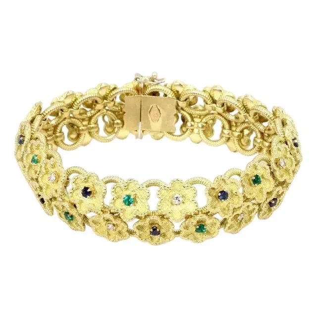 Diamond Sapphire Emerald 18k Yellow Gold Double Row Floral Link Bracelet