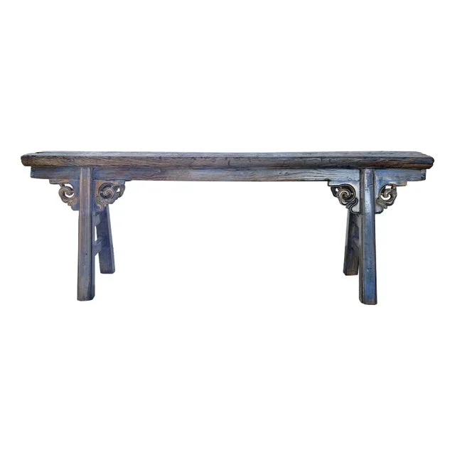 Distressed Brown Light Blue Village Slim Narrow Scroll Apron Wood Bench