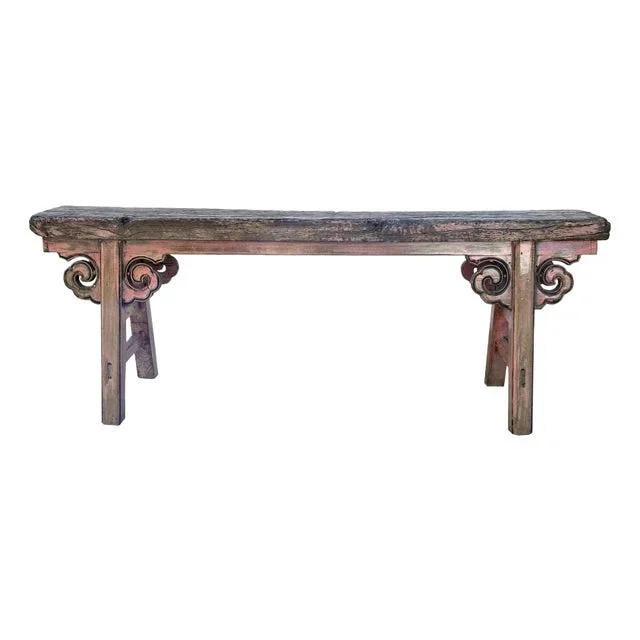 Distressed Rustic Pink Village Scroll Apron Slim Narrow Wood Bench