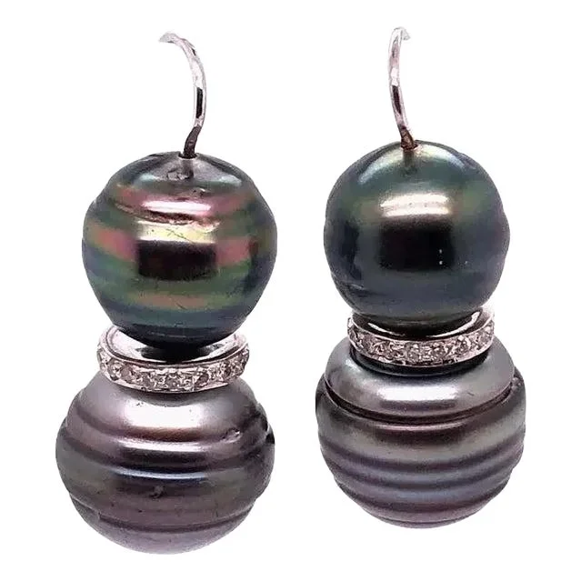 Double Black Baroque Pearl and Pave Diamond Drop Earrings