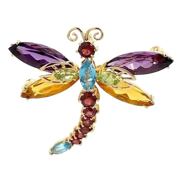 Dragonfly Pendant Pin 14k Yellow Gold with Multicolor Gemstones