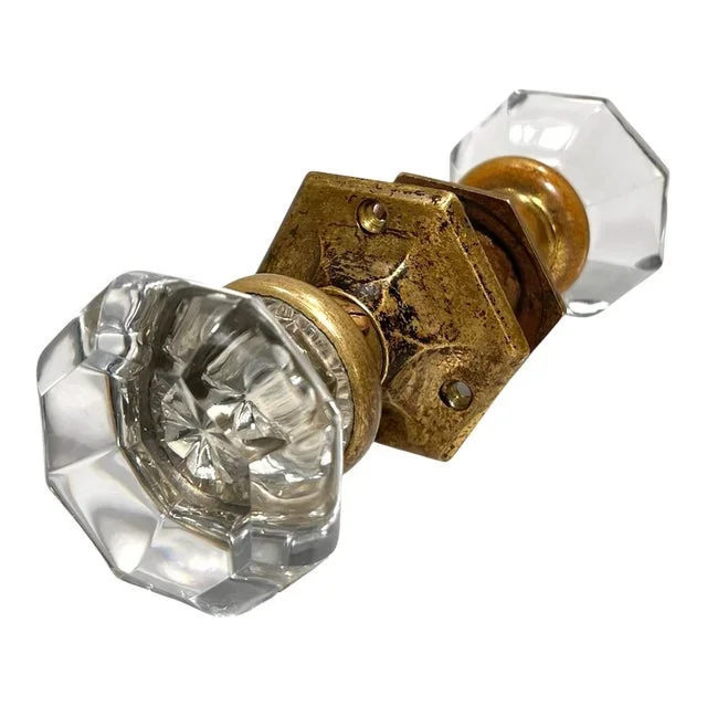 Early 1900s American Octagonal Glass Door Knobs With Rossettes