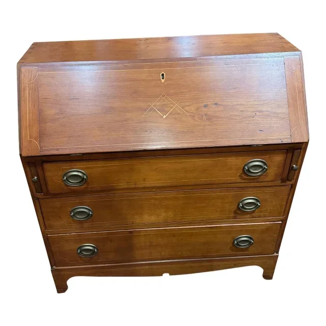 Early 19th Century Cherry Slant Front Desk Dovetailed Masonic Inlay Design