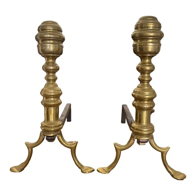 Early 19th Century Petite Solid Brass Beehive Andirons- a Pair
