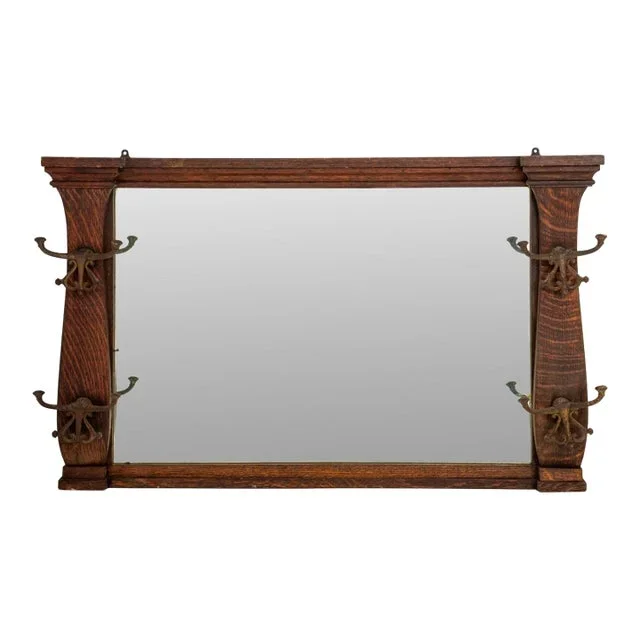 Early 20th Century Arts & Crafts Oak Hat Rack Wall Mirror