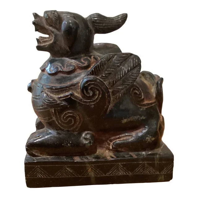 Early 20th Century Chinese Black Stone Foo Dog Phoenix Sculpture