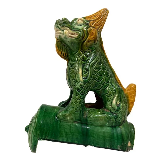 Early 20th Century Chinese Tri Color Glazed Ceramic Dragon Roof Tile