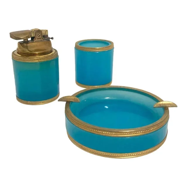 Early 20th Century French Opaline Glass Smoking Set – 3 Piece Set