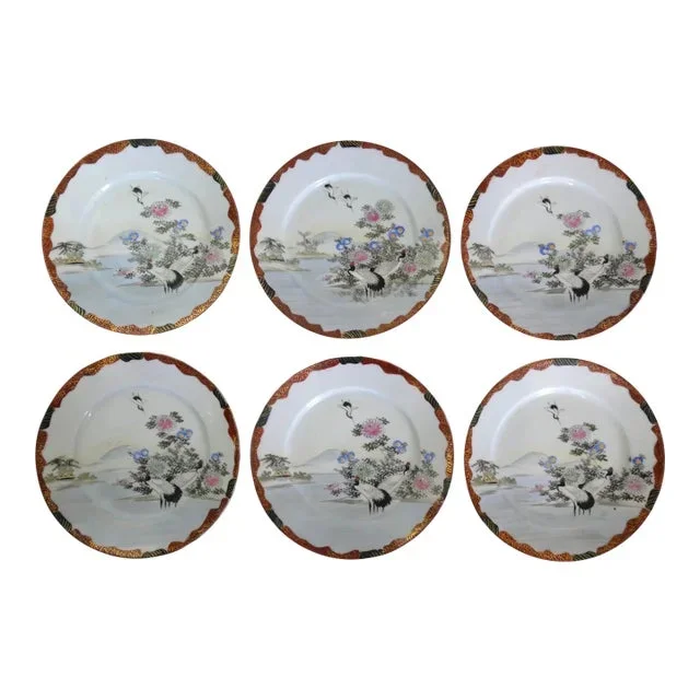 Early 20th Century Japanese Kutani Porcelain Red-Crowned Crane/Floral Motifs Salad Plates (Meiji Period)- Set of 6