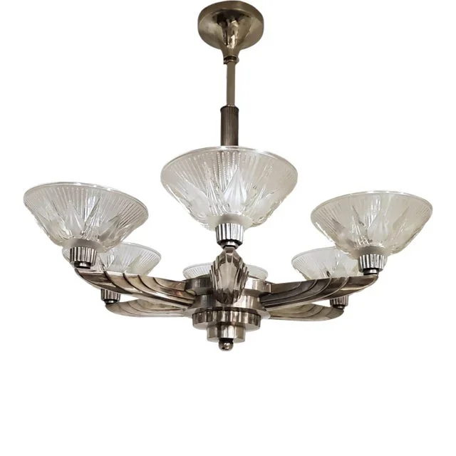 Early 20th Century Large French Art Deco Six Arm Nickeled Bronze and Art Glass Chandelier by Petitot